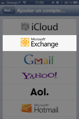 Choix compte Microsoft Exchange sur iOS