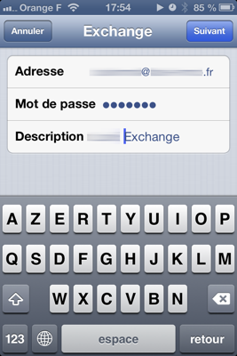 Réglage Exchange sur iOS : adresse et mot de passe
