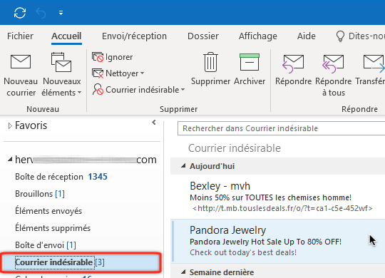 Dossier des SPAM de MS Outlook 2016 sur Windows 10
