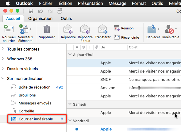Dossier Courrier indésirable de MS Outlook 2016 sur macOS X