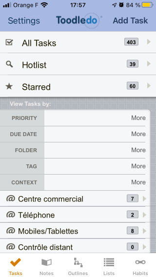 Affichage des tâches dans Toodledo iOS par Contextes